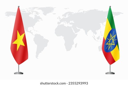 Vietnam and Ethiopia flags for official meeting against background of world map.