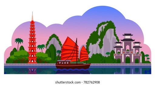 Vietnam. Evening panoramic view. Tran Quoc Pagoda, junk boat, mountains, Halong Bay. Vector flat illustration with different attractions for flyer, magazines, posters, book cover, banners, guide book.