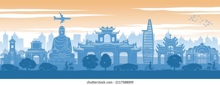 Famoso monumento vietnamita en la parte trasera de los coches y calle en el diseño de silueta de estilo paisajístico, ilustración vectorial