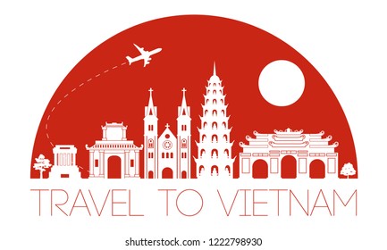 vietnam famous landmark silhouette in half circle shape with red color style,travel and tourism,vector illustration