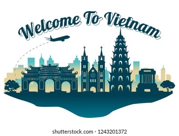 Vietnam famous landmark silhouette style on island,travel and tourism,vector illustration