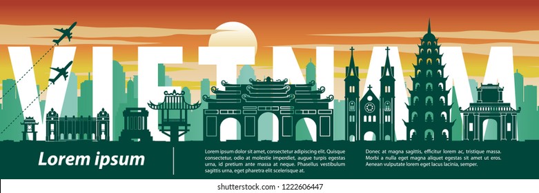 Vietnam famous landmark silhouette style,text within,travel and tourism,vector illustration