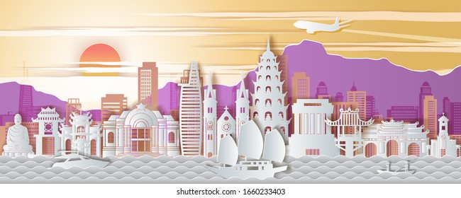 Vietnam famous landmarks paper art style with purple yellow and white color,vector illustration