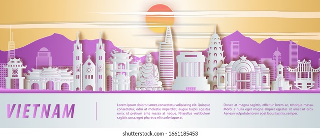 Vietnam famous landmarks paper art style with purple yellow and white color,vector illustration