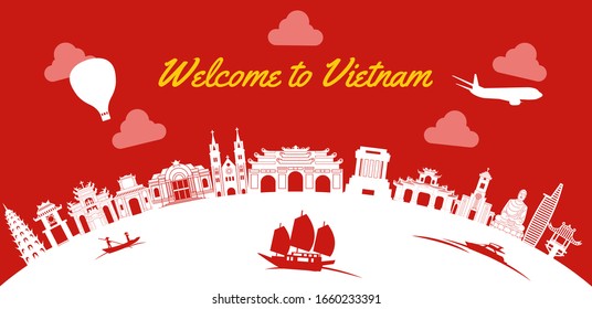 Vietnam famous landmarks silhouette style on white curve like globe,vector illustration
