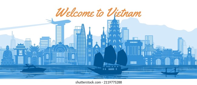 Vietnam famous landmarks silhouette style with blue and white color,vector illustration