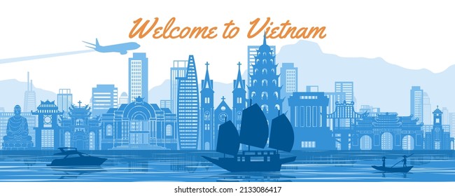 Vietnam famous landmarks silhouette style with blue and white color,vector illustration