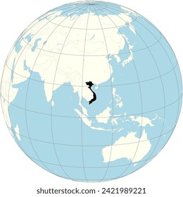 Vietnam featured at the center of the orthographic projection of the world map, has historical resilience and natural beauty in Southeast Asia.