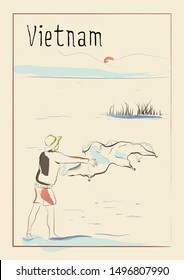 Vietnam. Fisherman throws a net at dawn on a mountain lake Lack Travel poster, banner, postcard or calendar page idea, stationery print. Vector
