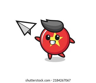 vietnam flag badge cartoon character throwing paper airplane , cute style design for t shirt, sticker, logo element