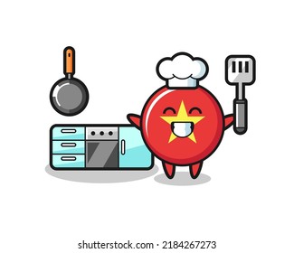 vietnam flag badge character illustration as a chef is cooking , cute style design for t shirt, sticker, logo element