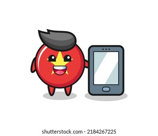 vietnam flag badge illustration cartoon holding a smartphone , cute style design for t shirt, sticker, logo element