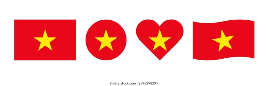 Vietnam flag design pack. Asian continent country flags. Flat design flags with rectangular, round, love and wavy shapes