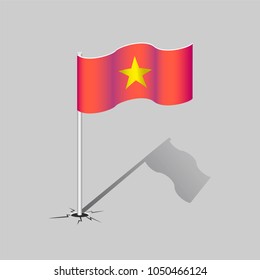 Vietnam flag with flagpole and shadow isolated on gray background. National symbol. Vector illustration.