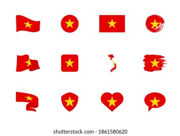 Vietnam flag - flat collection. Flags of different shaped twelve flat icons. Vector illustration set