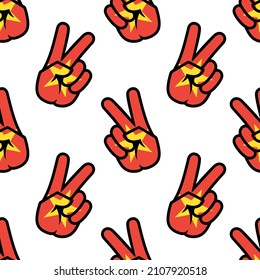 Vietnam a flag in the form of a peace sign. Seamless background. A patriotic sign. Gesture V is a sign of victory. Icon for apps, websites, T-shirts, souvenirs, etc., isolated on a white background