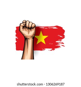 Vietnam flag and hand on white background. Vector illustration