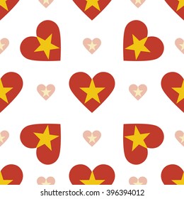 Vietnam flag heart seamless pattern. Patriotic Vietnam flag background. Country flag in the shape of heart. Vector seamless pattern.