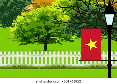 Vietnam Flag, Landscape of Park, Trees, Fence wooden and Street light Vector Illustration 