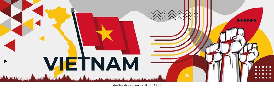 Vietnam Flag and map with raised fists. National day or Independence day design for Vietnamese celebration. Modern corporate web banner design with abstract red yellow star art. Vector illustration.