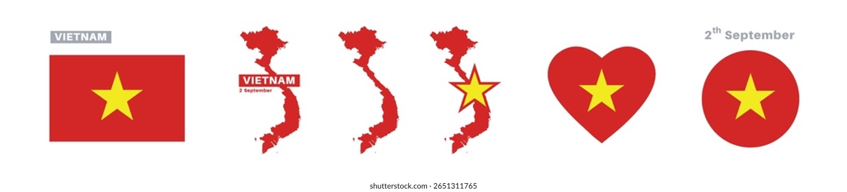vietnam flag and map set. vietnam flag in official colors and proportions. independence day 2 september, map, circle and heart shaped vietnam