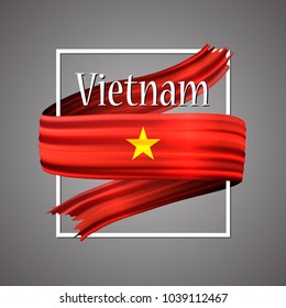 Vietnam flag. Official national colors. Vietnam's 3d realistic ribbon. Isolated waving vector glory flag stripe sign. Vector illustration background. Icon emoji design with frame