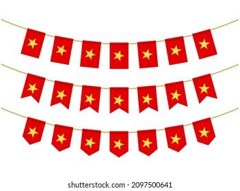 Vietnam flag on the ropes on white background. Set of Patriotic bunting flags. Bunting decoration of Vietnam flag
