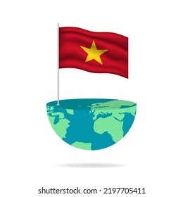 Vietnam flag pole on globe. Flag waving around the world. Easy editing and vector in groups. National flag vector illustration on white background.