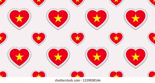 Vietnam flag seamless pattern. Vector Vietnamese flags stickers. Love hearts symbols. Texture for language courses, sports pages, travel, school geographic design element. Patriotic wallpaper