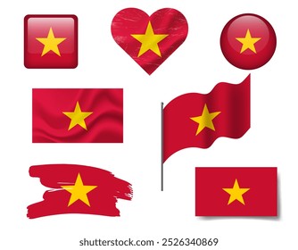 Bandeira do Vietnã conjunto de ícones. Símbolo da bandeira do Vietnã vetorial. Conjunto de bandeira do Vietnã botão, escova, acenado, coração.