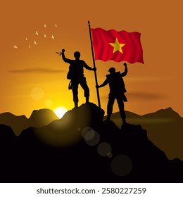 Vietnam flag, silhouette of two climbers holding flags at sunset