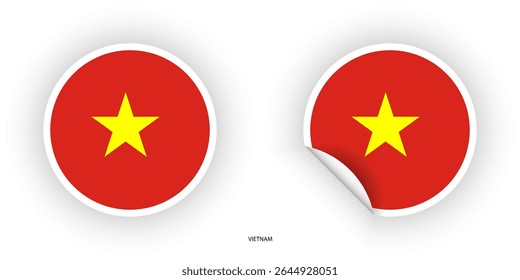 Adesivo da bandeira do Vietname em forma circular e uma forma de círculo descascada sobre um fundo branco. Ícone circular da bandeira do Vietnã	
