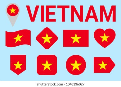 Vietnam flag vector set. Vietnamese natioanl symbols collection. Geometric shapes. Flat style. sports, national, travel, geographic, patriotic, design elements. isolated icons with state name