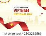 Vietnam Flag Waving On Skyline Background. Independence Day Concept Design Vector Illustration.