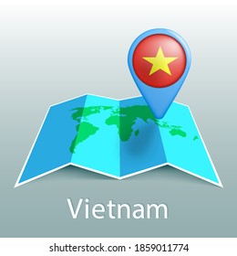 Vietnam flag world map in pin with name of country