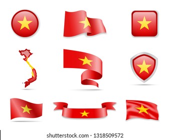 Vietnam flags collection. Flags and outline of the country vector illustration set