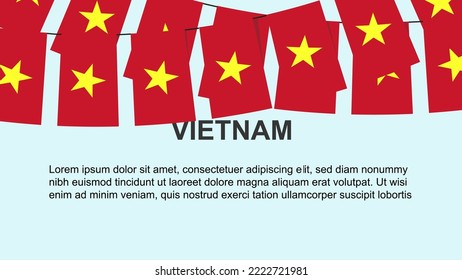 Banderas de Vietnam colgando de una cuerda, concepto de celebración y saludo, muchas banderas de Vietnam con espacio de texto, pancarta y idea de afiche, material de decoración, día de la independencia