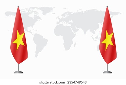 Vietnam and Vietnam flags for official meeting against background of world map.