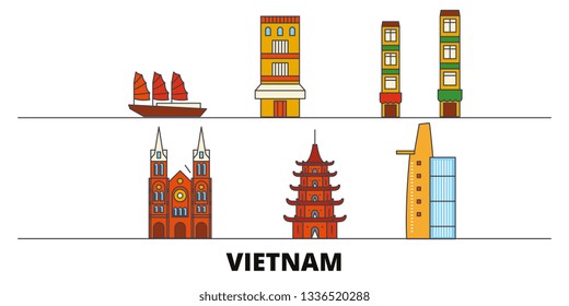 Vietnam flat landmarks vector illustration. Vietnam line city with famous travel sights, skyline, design. 