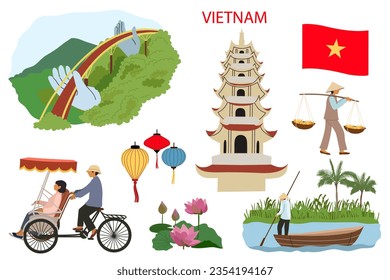 Vietnam flat vector set. Sights, activities of people and symbols of Vietnam. 