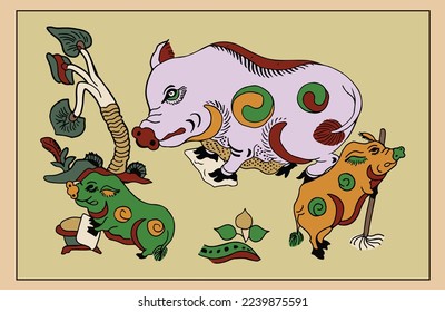 Vietnam folk  cleaning pig painting
