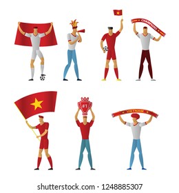 Vietnam football fans. Cheerful soccer supporters crowd. vector illustration.