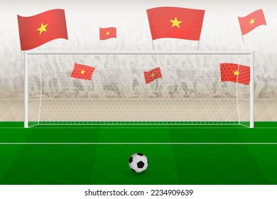 Vietnam football team fans with flags of Vietnam cheering on stadium, penalty kick concept in a soccer match. Sports vector illustration.