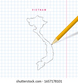 Vietnam freehand pencil sketch outline map isolated on on checkered school notebook page background. Empty hand drawn vector map. Realistic 3D pencil with soft shadow.