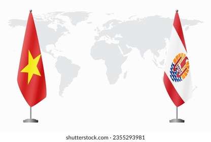 Vietnam and French Polynesia flags for official meeting against background of world map.