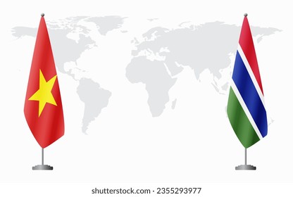 Vietnam and Gambia flags for official meeting against background of world map.