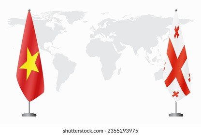 Vietnam and Georgia flags for official meeting against background of world map.