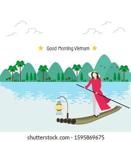 Vietnam girl in bamboo boat and mountain background