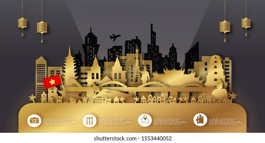 Vietnam with Gold Travel postcard, poster, tour advertising of world famous landmarks in paper cut style.