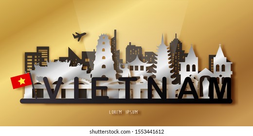 Vietnam with Gold Travel postcard, poster, tour advertising of world famous landmarks in paper cut style.